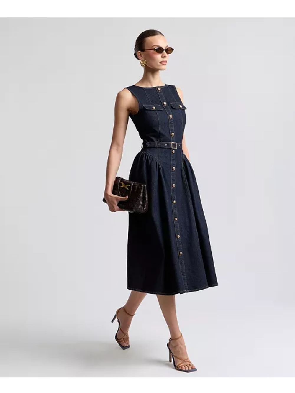 Avec Les Filles Sleeveless Dark Indigo Denim Midi Dress with Belt